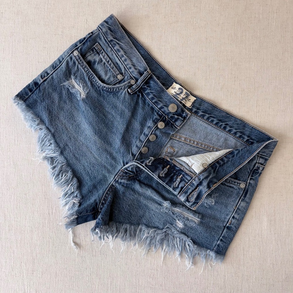 We The Free People Denim Shorts 27 Blue Distressed Button Fly Cut off